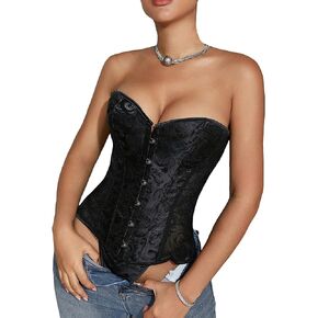 SOLY HUX Women's Lace up Strapless Overbust Corset Bustier Top Lingerie Push up Bodyshaper with Thongs 2 Piece