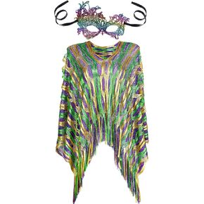 Mardi Gras Poncho with Mardi Gras Masks for Masquerade Party, Purple Yellow Green Masquerade Costume in Kuwait