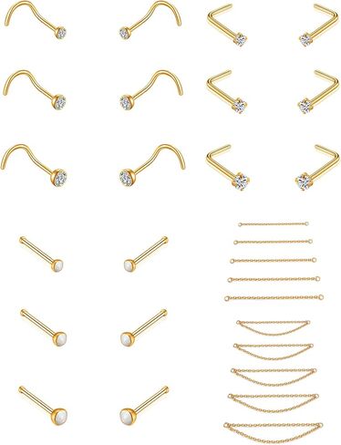 Akeoqi 28 قطعة الأنف مسمار الأنف سلسلة الفولاذ المقاوم للصدأ L المسمار شكل مستقيم الأنف مسمار سلسلة الأنف مسمار الأنف ثقب الجسم مجوهرات للنساء الرجال 20 جرام مجموعة 2 مللي متر 2.5 مللي متر 3 مللي متر تشيكوسلوفاكيا الفضة الذهب لهجة in Kuwait