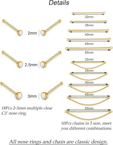 Akeoqi 28 قطعة الأنف مسمار الأنف سلسلة الفولاذ المقاوم للصدأ L المسمار شكل مستقيم الأنف مسمار سلسلة الأنف مسمار الأنف ثقب الجسم مجوهرات للنساء الرجال 20 جرام مجموعة 2 مللي متر 2.5 مللي متر 3 مللي متر تشيكوسلوفاكيا الفضة الذهب لهجة in Kuwait