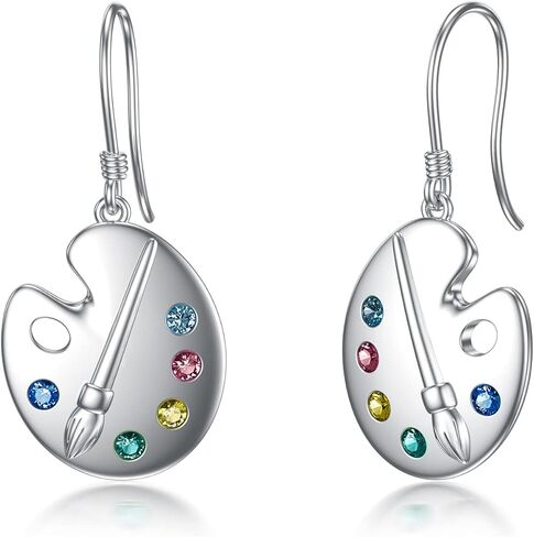 Sterling Silver Paint Palette and Brush Dangle Drop Earrings, Gifts for Painters Artists Women Girls in Saudi Arabia