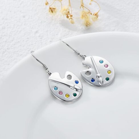 Sterling Silver Paint Palette and Brush Dangle Drop Earrings, Gifts for Painters Artists Women Girls in Saudi Arabia