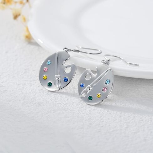 Sterling Silver Paint Palette and Brush Dangle Drop Earrings, Gifts for Painters Artists Women Girls in Saudi Arabia