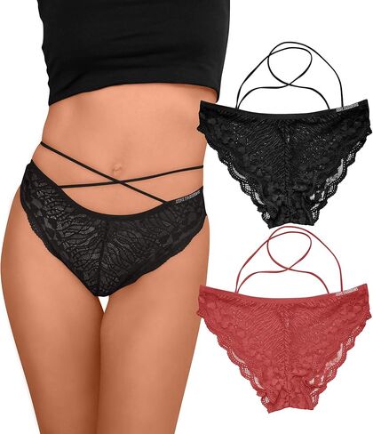ملابس داخلية من الدانتيل من SENI FASHIONS للنساء سراويل داخلية من الدانتيل للنساء سراويل داخلية مثيرة من الدانتيل للنساء - قطعتان أحمر وأسود، صغير in Saudi Arabia