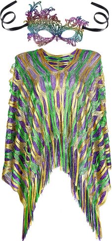 Mardi Gras Poncho with Mardi Gras Masks for Masquerade Party, Purple Yellow Green Masquerade Costume in Kuwait