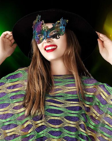 Mardi Gras Poncho with Mardi Gras Masks for Masquerade Party, Purple Yellow Green Masquerade Costume in Kuwait