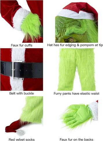 Lukvuzo الكبار 7 قطع أزياء الوحش الأخضر فروي عيد الميلاد زي تأثيري سانتا الزي مجموعات in Kuwait