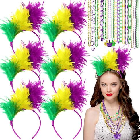 Zeyune Mardi Gras Feather Headband with Mardi Gras Beads Necklaces Sequins Faux Feather Glitter Headwear for Carnival Party(Stylsih, 48 Pcs) in Saudi Arabia