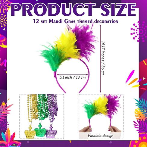 Zeyune Mardi Gras Feather Headband with Mardi Gras Beads Necklaces Sequins Faux Feather Glitter Headwear for Carnival Party(Stylsih, 48 Pcs) in Saudi Arabia