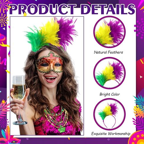 Zeyune Mardi Gras Feather Headband with Mardi Gras Beads Necklaces Sequins Faux Feather Glitter Headwear for Carnival Party(Stylsih, 48 Pcs) in Saudi Arabia