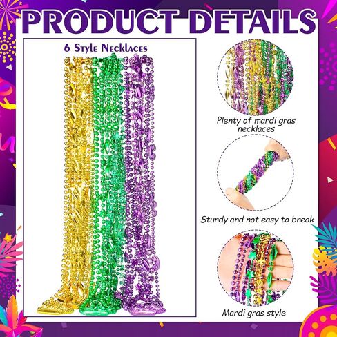 Zeyune Mardi Gras Feather Headband with Mardi Gras Beads Necklaces Sequins Faux Feather Glitter Headwear for Carnival Party(Stylsih, 48 Pcs) in Saudi Arabia