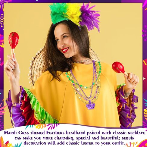 Zeyune Mardi Gras Feather Headband with Mardi Gras Beads Necklaces Sequins Faux Feather Glitter Headwear for Carnival Party(Stylsih, 48 Pcs) in Saudi Arabia