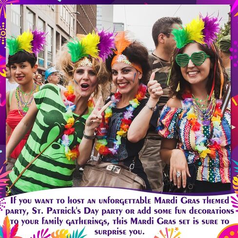 Zeyune Mardi Gras Feather Headband with Mardi Gras Beads Necklaces Sequins Faux Feather Glitter Headwear for Carnival Party(Stylsih, 48 Pcs) in Saudi Arabia