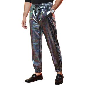 TURETRENDY Mens Metallic Shiny Disco Pants Drawstring Waist Party Nightclub Dance Rave Cosplay Tapered Trousers with Pockets