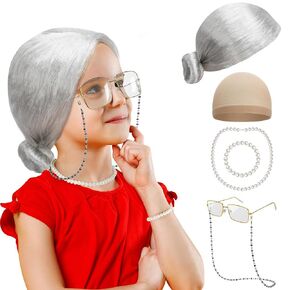 Huskein 100 Days of School Costume, Old Lady Cosplay Silver Bun Wig Glasses Wig Cap Pearl Necklace Bracelet Accessories for Girls in Kuwait