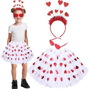 Mumufy 3 قطع تنورة توتو مطبوعة على شكل قلب لعيد الحب من التول الناعم عصابة رأس على شكل قلب مع نظارات شمسية لأعياد الميلاد من 2 إلى 8 سنوات in Kuwait