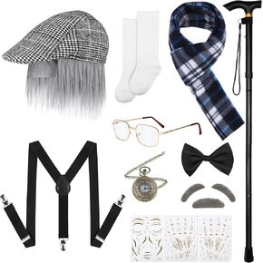 Hiwooii 14 Pieces 100 Days of School Old Man Costume for Boys Hat with a Wig Glasses Cane Mustache Eyebrow Wrinkle Sticker in Kuwait