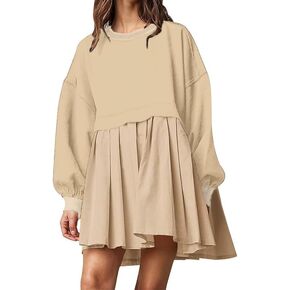 Women Oversized Sweatshirt Dress Long Sleeve Crewneck Patchwork Pleated Relaxed Fit Pullover Tops Baggy Mini Dresses