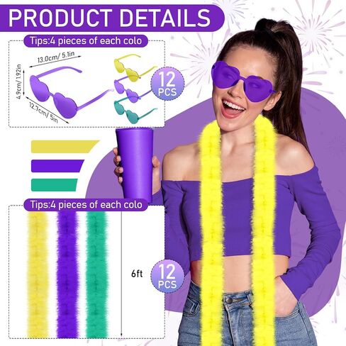 Yunsailing 24 Pcs Boas Bulk Party Carnival Feather Boas Colorful Feather Boas and Heart Rimless Sunglasses Purple Green Yellow 6ft Feather Boa Costume for Women Girls Carnival, Birthday Party Gifts in Saudi Arabia