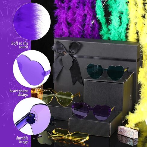 Yunsailing 24 Pcs Boas Bulk Party Carnival Feather Boas Colorful Feather Boas and Heart Rimless Sunglasses Purple Green Yellow 6ft Feather Boa Costume for Women Girls Carnival, Birthday Party Gifts in Saudi Arabia