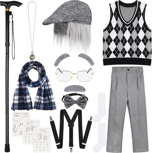 SOMSOC 16 قطعة 100 يوم من أزياء المدرسة للأولاد الرجل العجوز زي الجد مجموعة لحفلة المدرسة التنكرية in Kuwait