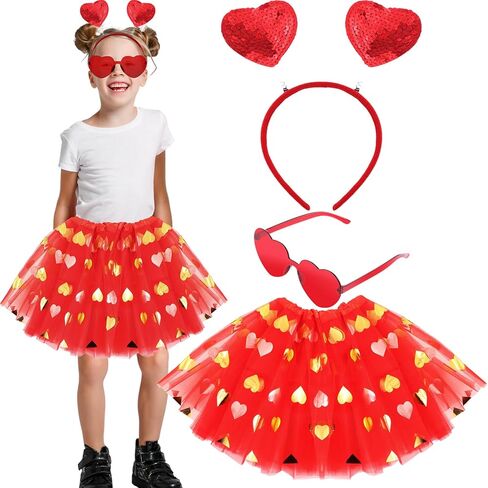 Mumufy 3 Pcs Valentine's Day Printed Heart Tutu Soft Tulle Tutu Skirt Heart Headband with Sunglasses for Birthday 2-8 Years in Kuwait