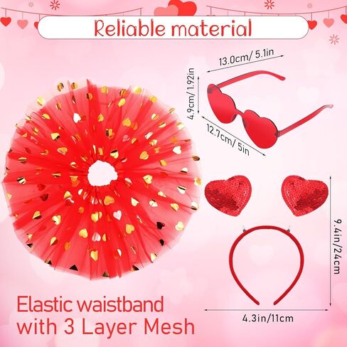 Mumufy 3 Pcs Valentine's Day Printed Heart Tutu Soft Tulle Tutu Skirt Heart Headband with Sunglasses for Birthday 2-8 Years in Kuwait