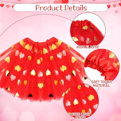 Mumufy 3 Pcs Valentine's Day Printed Heart Tutu Soft Tulle Tutu Skirt Heart Headband with Sunglasses for Birthday 2-8 Years in Kuwait
