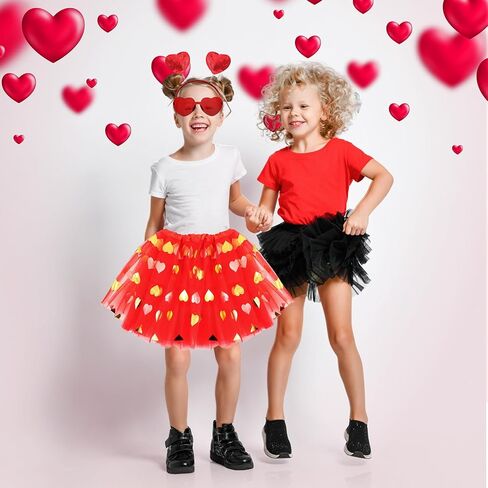 Mumufy 3 Pcs Valentine's Day Printed Heart Tutu Soft Tulle Tutu Skirt Heart Headband with Sunglasses for Birthday 2-8 Years in Kuwait