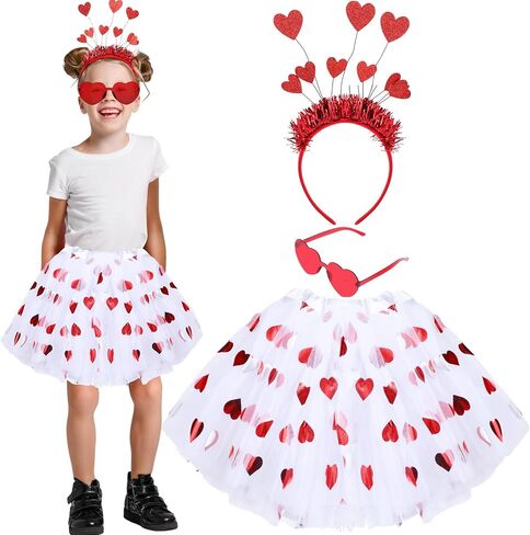 Mumufy 3 Pcs Valentine's Day Printed Heart Tutu Soft Tulle Tutu Skirt Heart Headband with Sunglasses for Birthday 2-8 Years in Saudi Arabia