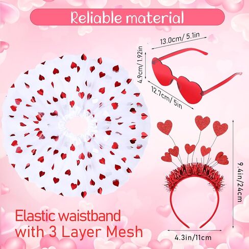 Mumufy 3 Pcs Valentine's Day Printed Heart Tutu Soft Tulle Tutu Skirt Heart Headband with Sunglasses for Birthday 2-8 Years in Saudi Arabia