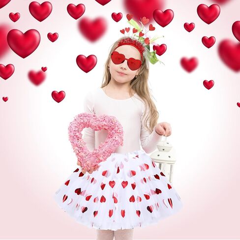 Mumufy 3 Pcs Valentine's Day Printed Heart Tutu Soft Tulle Tutu Skirt Heart Headband with Sunglasses for Birthday 2-8 Years in Saudi Arabia