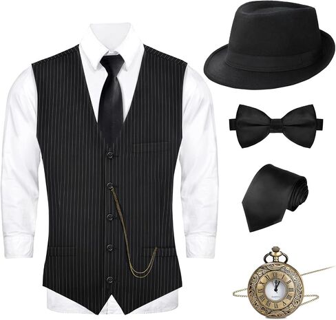 ZITURI 1920s Mens Costume-Roaring 20s Costumes for Men Great Gatsby Vest Fedora Hat Pocket Watch Bow Tie and Tie in Saudi Arabia