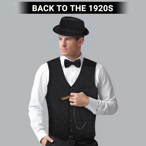 ZITURI 1920s Mens Costume-Roaring 20s Costumes for Men Great Gatsby Vest Fedora Hat Pocket Watch Bow Tie and Tie in Saudi Arabia