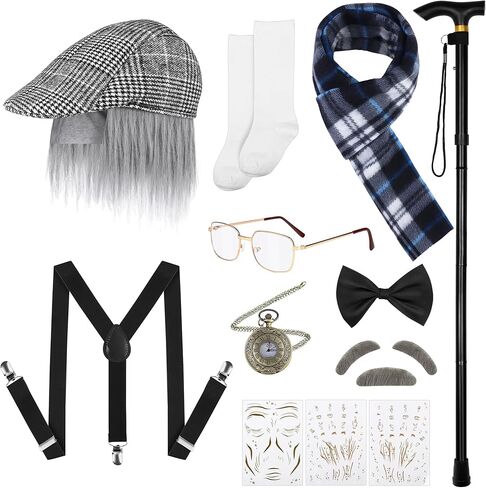 Hiwooii 14 Pieces 100 Days of School Old Man Costume for Boys Hat with a Wig Glasses Cane Mustache Eyebrow Wrinkle Sticker in Kuwait