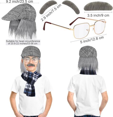 Hiwooii 14 Pieces 100 Days of School Old Man Costume for Boys Hat with a Wig Glasses Cane Mustache Eyebrow Wrinkle Sticker in Kuwait