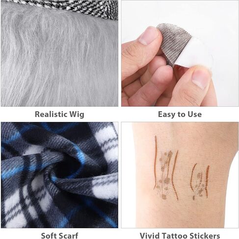 Hiwooii 14 Pieces 100 Days of School Old Man Costume for Boys Hat with a Wig Glasses Cane Mustache Eyebrow Wrinkle Sticker in Kuwait