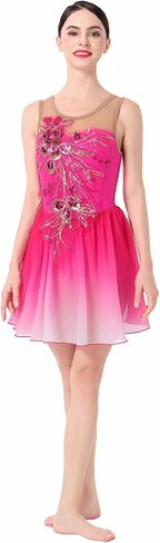 Figure Skating Dress for Women Ice Skating Costume Shiny Sequins Flower Dance Leotard Gradient Chiffon Flowy Skirt in Saudi Arabia