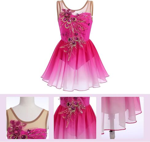 Figure Skating Dress for Women Ice Skating Costume Shiny Sequins Flower Dance Leotard Gradient Chiffon Flowy Skirt in Saudi Arabia