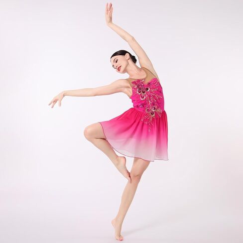 Figure Skating Dress for Women Ice Skating Costume Shiny Sequins Flower Dance Leotard Gradient Chiffon Flowy Skirt in Saudi Arabia
