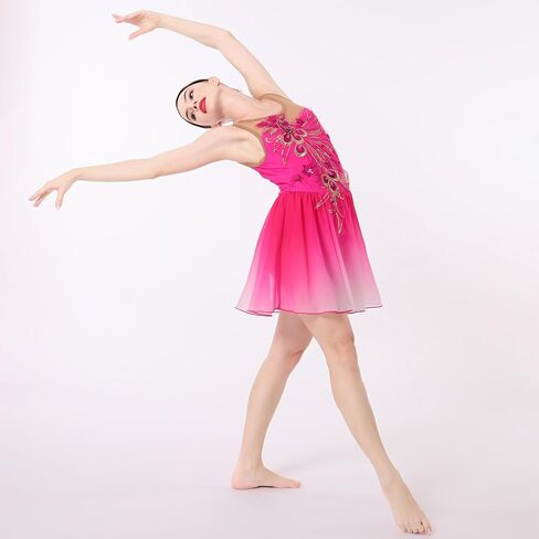 Figure Skating Dress for Women Ice Skating Costume Shiny Sequins Flower Dance Leotard Gradient Chiffon Flowy Skirt in Saudi Arabia