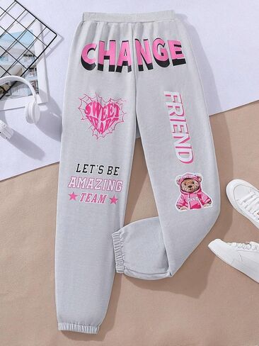 Cozyease Girls' Graphic Elastic Waist Sweatpants Cute Baggy Long Joggers Pants in Saudi Arabia