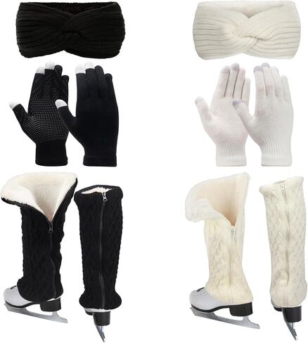Regilt 2 Sets Figure Skating Leg Warmers Gloves Headband Set Zipper Fleece Lined Leg Warmers Socks for Ice Skating in Saudi Arabia