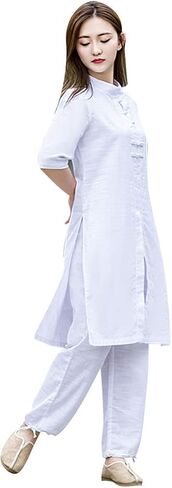 KSUA الملابس الصينية التقليدية للمرأة تاي تشي البدلة الكتان هانفو الكونغ فو موحدة الصينية التأمل دعوى مع نصف كم in Kuwait