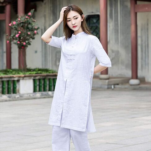 KSUA الملابس الصينية التقليدية للمرأة تاي تشي البدلة الكتان هانفو الكونغ فو موحدة الصينية التأمل دعوى مع نصف كم in Kuwait