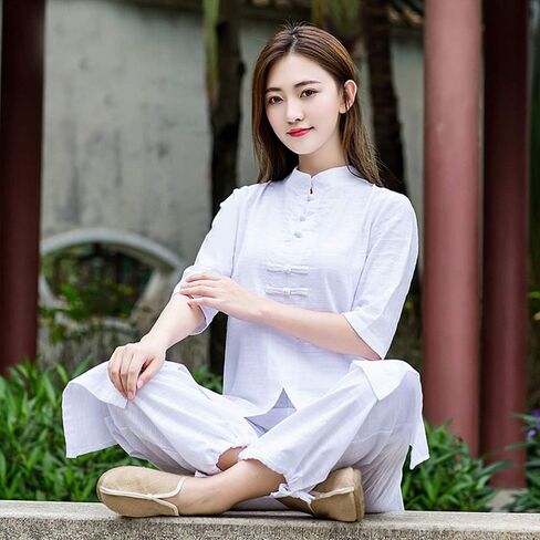 KSUA الملابس الصينية التقليدية للمرأة تاي تشي البدلة الكتان هانفو الكونغ فو موحدة الصينية التأمل دعوى مع نصف كم in Kuwait