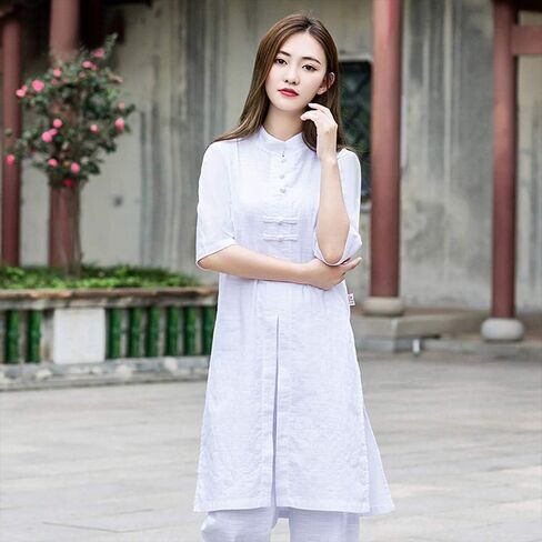 KSUA الملابس الصينية التقليدية للمرأة تاي تشي البدلة الكتان هانفو الكونغ فو موحدة الصينية التأمل دعوى مع نصف كم in Kuwait