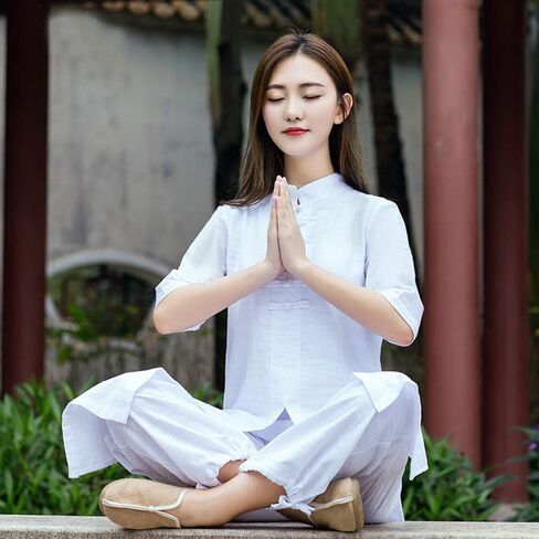 KSUA الملابس الصينية التقليدية للمرأة تاي تشي البدلة الكتان هانفو الكونغ فو موحدة الصينية التأمل دعوى مع نصف كم in Kuwait