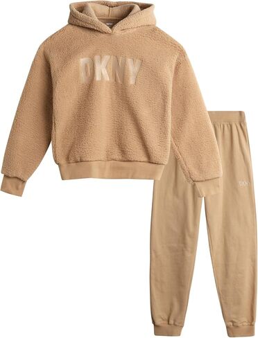 بدلة رياضية للفتيات من DKNY - قطعتين من سويت شيرت بغطاء للرأس من صوف الشيربا وبنطلون رياضي - طقم سراويل رياضية للبنات، 7-12 in Kuwait