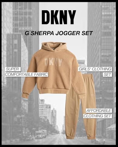 بدلة رياضية للفتيات من DKNY - قطعتين من سويت شيرت بغطاء للرأس من صوف الشيربا وبنطلون رياضي - طقم سراويل رياضية للبنات، 7-12 in Kuwait